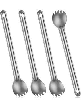 4 Pcs Ultralight Titanium Spork & Spoon Set - Long Handle Camping Utensils for